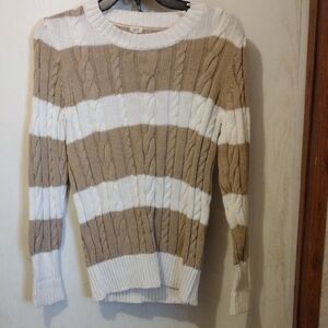 J. Crew White and Tan Striped Cable Knit Sweater
